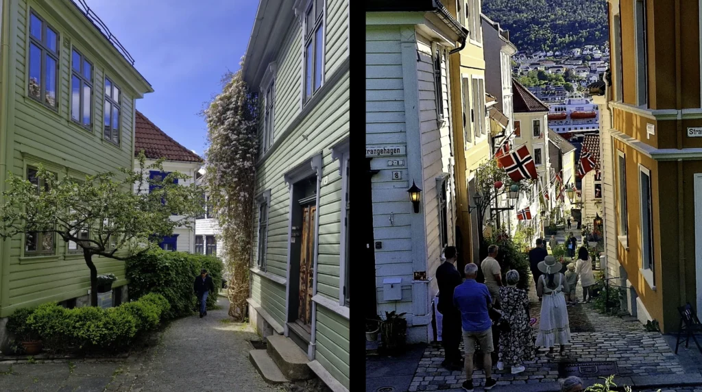 smalle straatjes van Skansen in bergen-Noorwegen